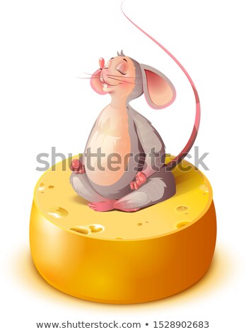 Foto d'archivio: Mouse Rat Sits On Big Cheese Head In Lotus Position And Meditates