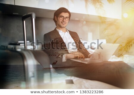 Stock photo: Traveler Businessman With His Laptop Ready For The Cruise Ship Vacation Double Exposure