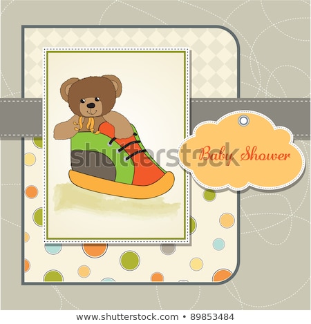 Stok fotoğraf: Baby Shower Card With Teddy Bear Hidden In A Shoe