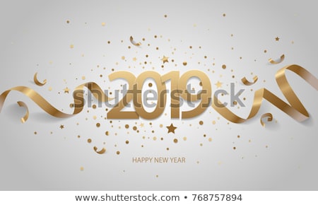 Foto d'archivio: Happy New Year 2019 Golden Numbers With Ribbons And Confetti On A White Background Vector Illustra