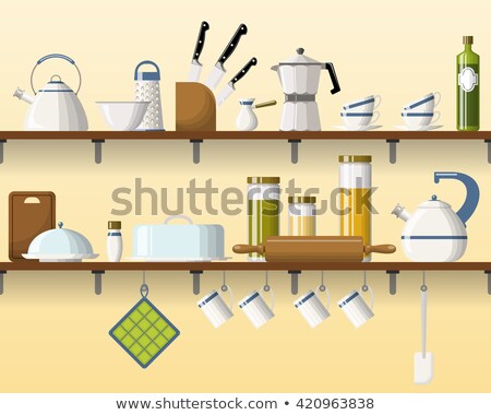 Foto stock: Kitchen Shelving With Tableware Seamless Part 3 Of 4