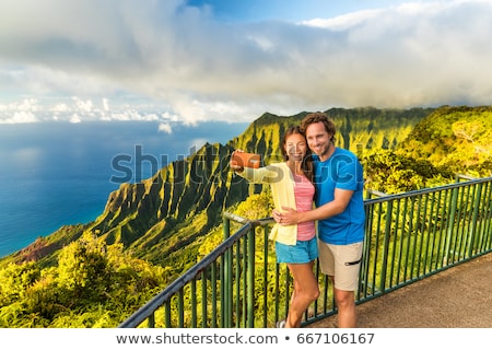Selfie Couple On Nature Travel Hawaii Vacation Young People Taking Phone Picture At The Holei Sea A Stockfoto © Maridav