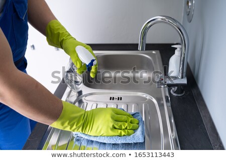 ストックフォト: Close Up Of Man Cleaning Stainless Steel Sink