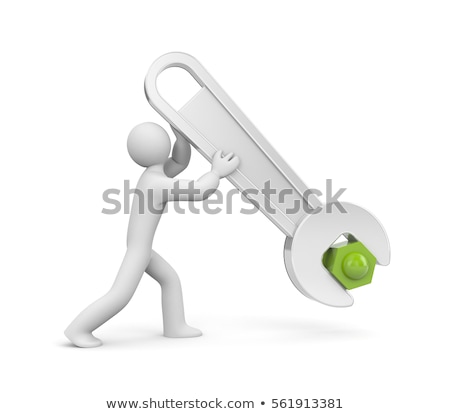 Сток-фото: 3d Man With Metal Spanner Twists Or Untwists The Nut People At Work Isolated On White 3d Illustra