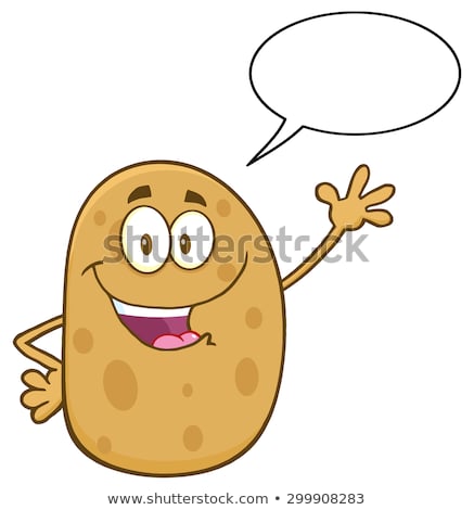 Stockfoto: Happy Potato Cartoon Character Waving With Speech Bubble