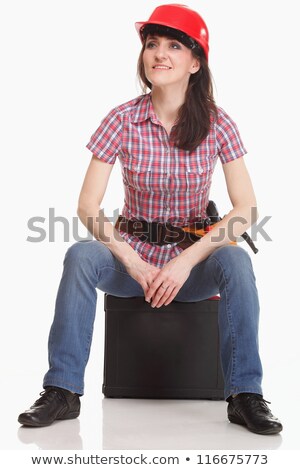 Stockfoto: Young Pretty Builder Girl In White Shirt Builder Belt Builder