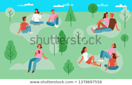 Stockfoto: People Resting In Park Cartoon Banner Vector Set