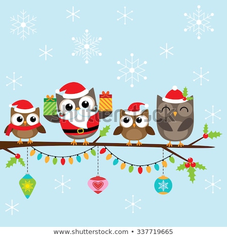 Foto stock: Owl Family At Tree Christmas Banner