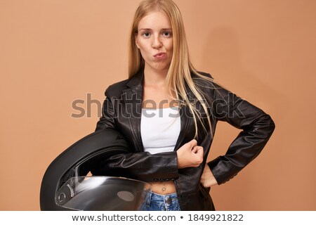 Stock foto: Portrait Of Caucasian Woman 20s Riding On Stylish Motorbike Thr