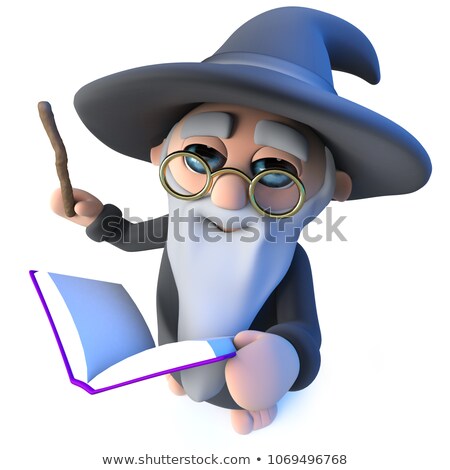 Stock photo: 3d Funny Cartoon Wizard Character Reads From His Book Magic Spells