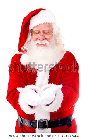 Stockfoto: Happy Man In Santa Hat Holding Something Imaginary