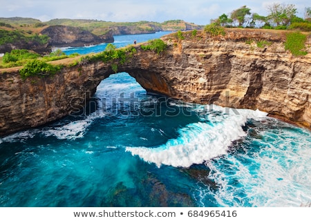 Stok fotoğraf: Family Vacation Lifestyle Happy Man Stand At Viewpoint Look At Beautiful Beach Under High Cliff T