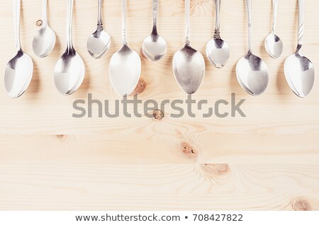 Zdjęcia stock: Collection Rustic Empty Spoons On Beige Wood Background Mockup For Designer Restaurant Menu Adver