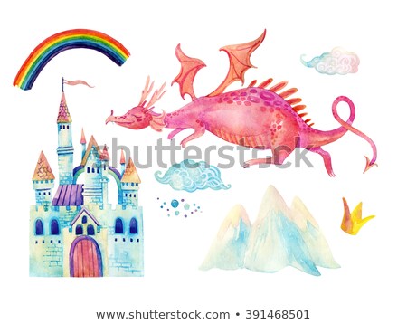 Foto stock: Set Of Children Is Fairy Tale Castle And Dragon With Rainbow In