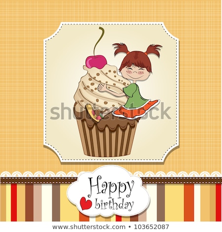 [[stock_photo]]: Birthday Card With Funny Girl Perched On Cupcake