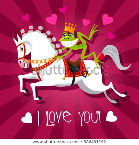 Foto stock: Design Of Card I Love You With Cute Frog Prince On A White Horse