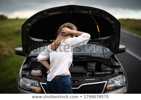 Stok fotoğraf: Woman With Car Failure Phoning Mobile