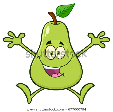 Happy Green Pear Fruit With Leaf Cartoon Mascot Character With Open Arms Jumping Stock foto © HitToon