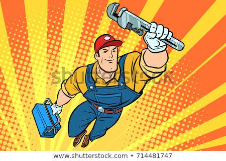 Plumber Mechanic Superhero Holding Wrench Spanner Stok fotoğraf © rogistok