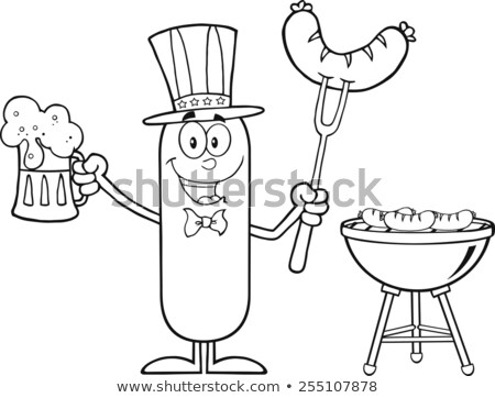 ストックフォト: Patriotic Sausage Cartoon Character Holding A Beer And Weenie Next To Bbq