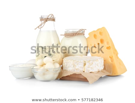 [[stock_photo]]: Fresh Dairy Products On White Table Background Jar And Glass Of Milk Bowl Of Sour Cream Cottage C