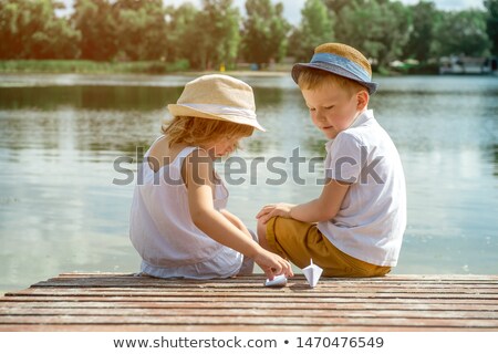 Stock fotó: Happy Boy And Wooden Board