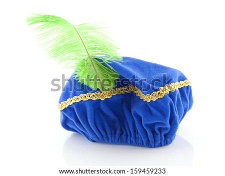 Foto stock: Blue Hat With Green Feather Of Zwarte Piet