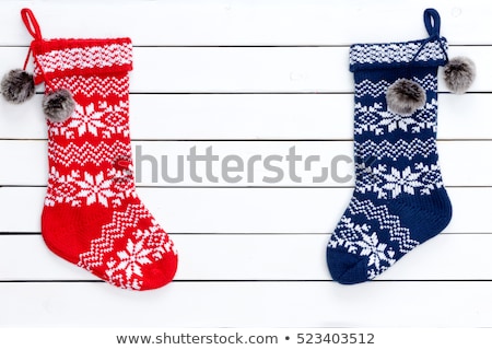 Stock fotó: Red Christmas Stocking On White Wooden Table