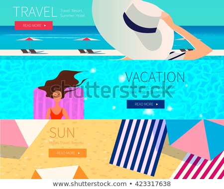 Stockfoto: Young Woman On The Beach In A Hat And Beach Umbrella Banner Long Format
