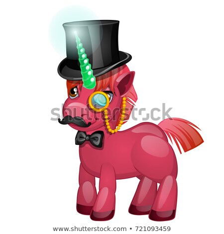 ストックフォト: Cute Pink Unicorn Pony With A Green Jade Horn With Top Hat And Mustaches Isolated On White Backgroun