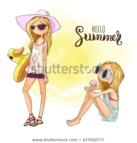 Foto stock: Pretty Blonde Girl On Beach Vector Illustration