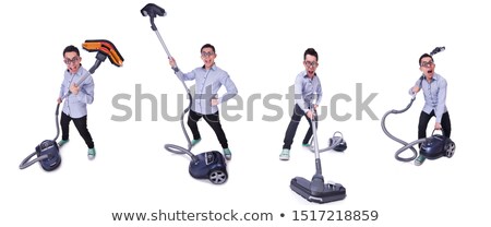 Stockfoto: Funny Man With Vacuum Cleaner On White