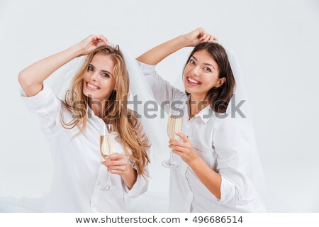 Zdjęcia stock: Two Happy Women Having Engagement Party With Bottle Of Champagne