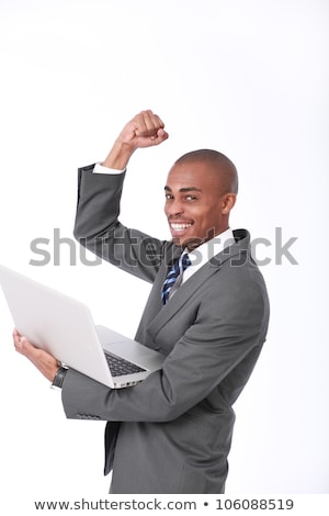 ストックフォト: Image Of Bald African American Man Holding Laptop While Working