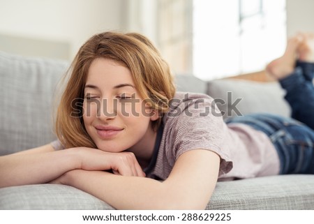 Stockfoto: Image Of Amusing Caucasian Woman Smiling With Eyes Closed