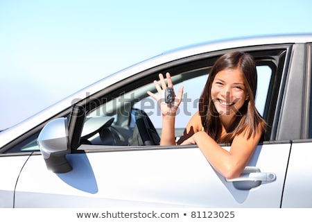 ストックフォト: New Car Driver Woman Holding Keys For Travel Road Trip Happy Young Asian Girl With Rental Lease Or