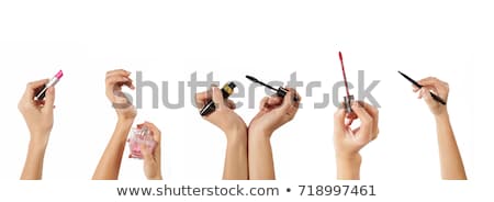 Stockfoto: Beautiful Woman Holding Make Up Brush For Lipstick