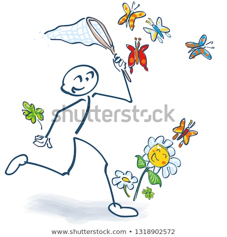 Stock foto: Stick Figure Captures Butterflies And Flowers With A Landing Net