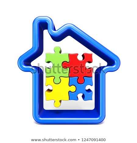 Stok fotoğraf: Blue House Outline Sign With Jigsaw Puzzles 3d