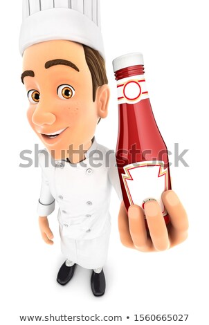 3d Head Chef Holding Tomato Sauce Bottle Zdjęcia stock © 3dmask