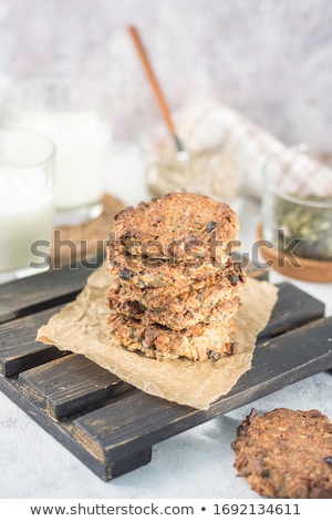 ストックフォト: Stack Of Fresh Baked Oat Cookies On Rustic Wooden Table Backgrou