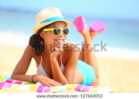 Happy Woman In Bikini Wearing Sunglasses Stock foto © Maridav