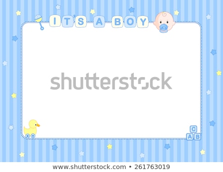 Stockfoto: Baby Boy Announcement Card With Baby And Pram