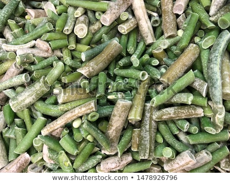 [[stock_photo]]: Fresh Frozen Green Peas French Bean Broccoli With Hoarfrost Closeup As Decorative Chess Background