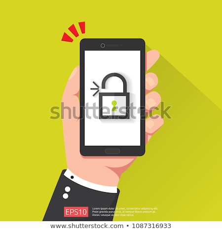 ストックフォト: Hand Holding Phone With Shield Padlock Protection Sign Mark Icon Symbol On Screen Mobile Internet V