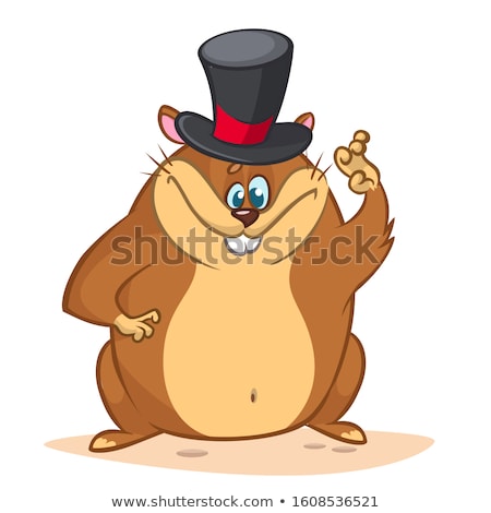 Foto stock: Happy Marmot Cartoon Mascot Character Wearing A Cylinder Hat And Welcoming Under Sunshine