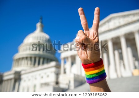 Stock fotó: Gay Man With American Flag And Rainbow Wristbands