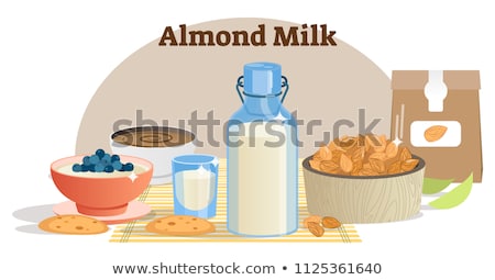 Foto stock: Vector Illustration With Almond Milk Table With Coffee Glass And Bottle Of Milk Raw Almonds And C