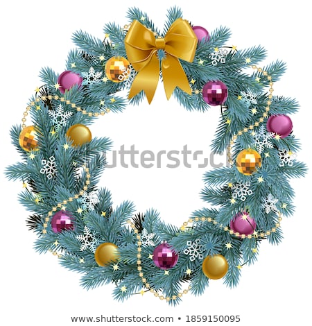 Stock fotó: Christmas Golden Wreath With Coniferous Branch On The White Isol