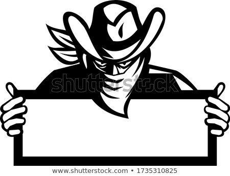 Foto stock: Outlaw Wearing Face Mask Holding Sign Retro Black And White